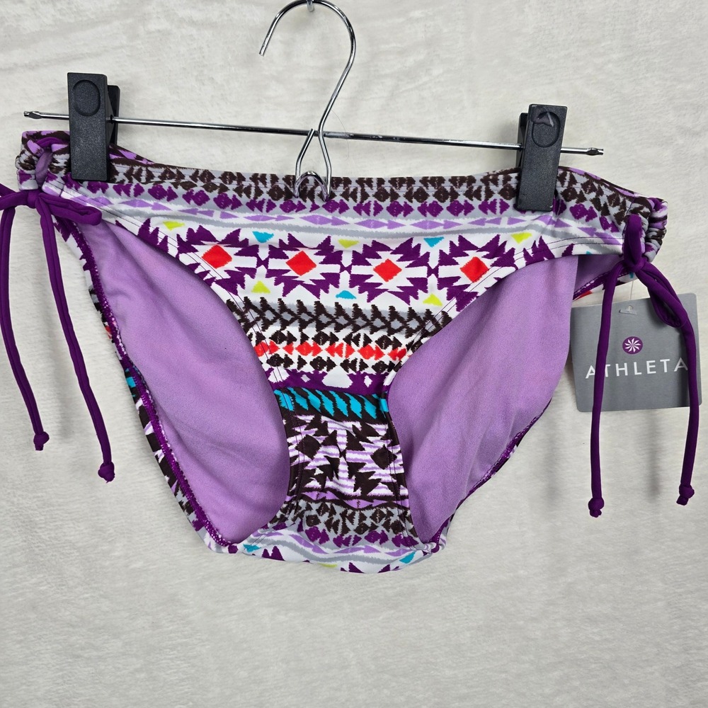 NWT Athleta Purple Geometric Tribal Print Side Tie Bikini Bottom Swim Size M